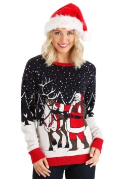 Adult Santa & Reindeer Unisex Ugly Christmas Sweater -Kurt Adler Shop adult santa reindeer ugly christmas sweater alt 5