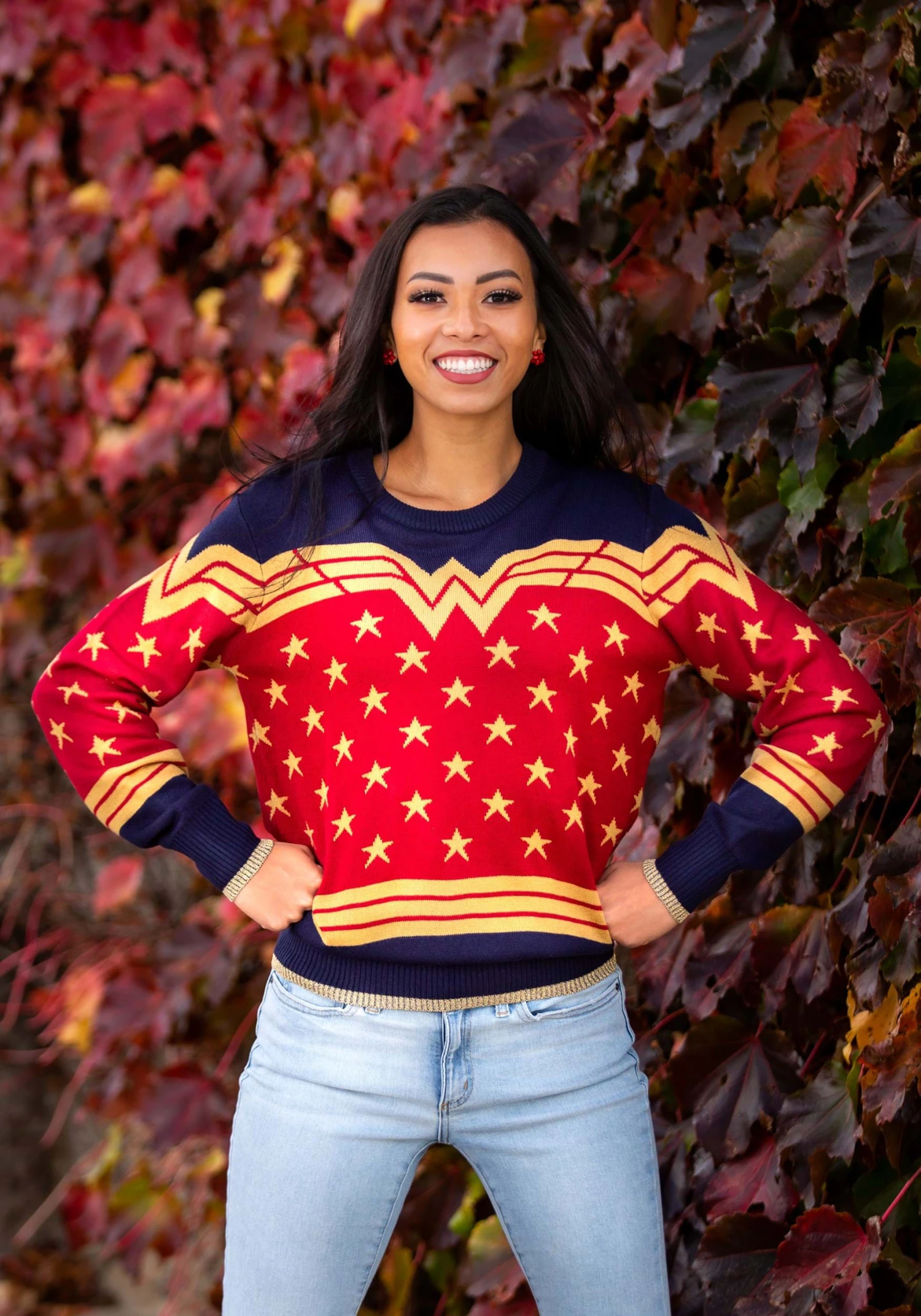 Adult Wonder Woman Dark Blue Ugly Christmas Sweater 2 Adult Wonder Woman Dark Blue Ugly Christmas Sweater - Image 2