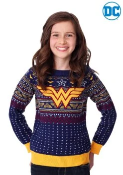 Child Wonder Woman Navy Ugly Christmas Sweater 5 Child Wonder Woman Navy Ugly Christmas Sweater -Kurt Adler Shop child wonder woman navy ugly christmas sweater alt2