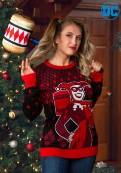 Adult Harley Quinn Hammer Time Ugly Christmas Sweater -Kurt Adler Shop harley quinn hammer time ugly christmas sweater alt 7