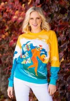 Mele Kalikimaka Surfing Santa Ugly Christmas Sweatshirt -Kurt Adler Shop mele kalikimaka surfing santa ugly christmas sweater alt 2