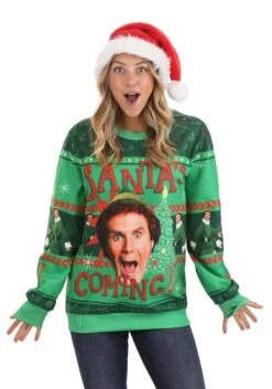 Santa's Coming Elf Ugly Christmas Sweatshirt For Adults -Kurt Adler Shop santas coming elf ugly christmas sweatshirt alt 7