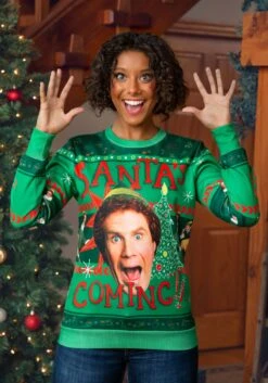 Santa's Coming Elf Ugly Christmas Sweatshirt For Adults -Kurt Adler Shop santas coming elf ugly christmas sweatshirt alt 9